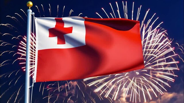 National flag independence state Tonga, background fireworks. AI Generative
