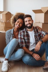 Happy couple sitting on the floor and smiling at the camera while moving into their new apartment with boxes around them.