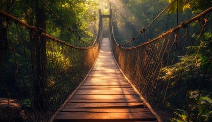 Fototapeta premium Suspended Wooden Bridge Among Trees with Sunlight