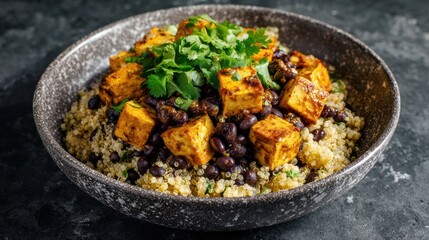 Vegan protein bowl with tofu, black beans, quinoa, and cilantro