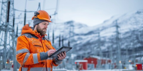 Electrical engineer in orange safety gear, standing at the site of an energy substation surrounded by snow-covered mountains and a blue sky.