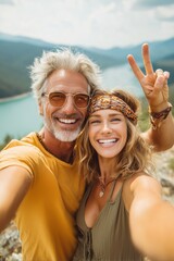Happy couple taking a selfie photo while hiking in the mountains with a beautiful lake and mountain view in the background.