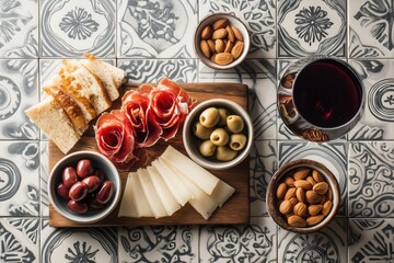 Top-down view of a tapas board featuring jamon iberico, manchego cheese, olives, almonds, and a glass of red wine on a patterned Spanish tile table.