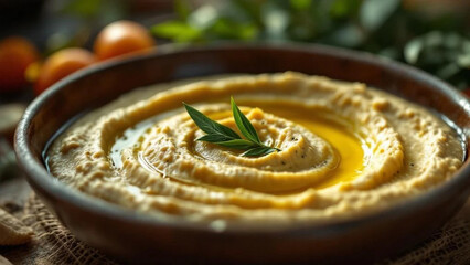 Traditional hummus with olive oil. Close up. 