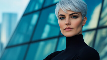 A silver-haired woman in a sleek black jumpsuit, standing confidently against a futuristic glass building
