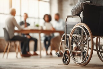 Close-up of a young woman in a wheelchair working with a diverse team in an office.