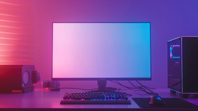 Gaming PC with isolated screen for mockup, app or game presentation. Modern case with RGB light, keyboard and mouse on desk.