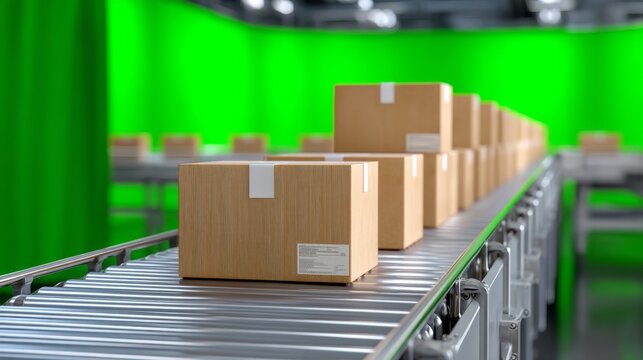 Conveyor Belt Transporting Cardboard Boxes in a Packaging Factory with Green Screen Background - Powered by Adobe