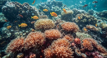 Underwater view of coral reef with orange and yellow fish swimming among the coral formations and rocks