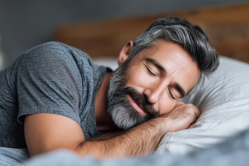 A man sleeping in his bed, morning time, close-up of the face, sleeping peacefully and contentedly, grey t-shirt, black hair with a beard.