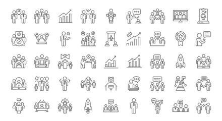 Teamwork, Business Success, and Collaboration Line Icon Set