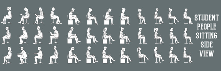 Architectural Drawings Student people sitting vector illustration, side view, human person Minimal style hand drawn. Sections, Elevations, Floor Plans