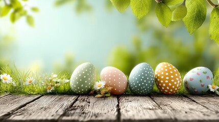 Five painted Easter eggs celebrate Happy Easter on a spring day with a green meadow of grass, bright sunlight, tree leaves