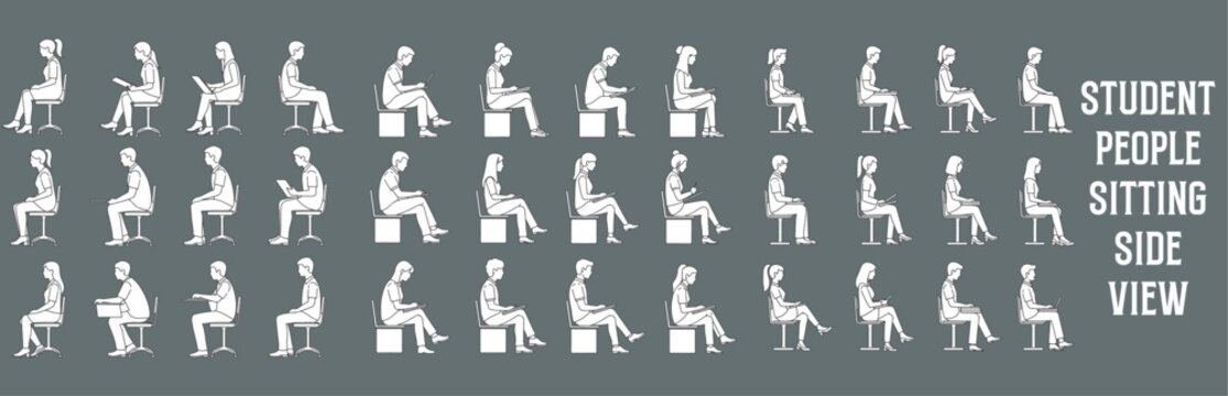Architectural Drawings Student people sitting vector illustration, side view, human person Minimal style hand drawn. Sections, Elevations, Floor Plans