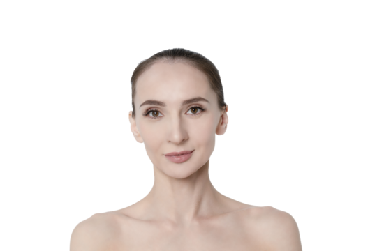 Beauty portrait of an adult woman with clear skin and soft makeup. a woman poses with her hands behind her head, isolated object on transparent background, png