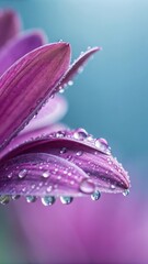 Close up view of dew drops resting on delicate purple flower petals with a soft blue background