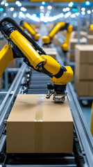 Fototapeta premium Automated systems folding and sealing cardboard boxes with perfect precision in an advanced packaging facility with polished industrial floors