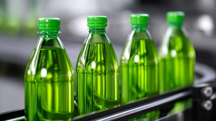 Close-Up of Green Plastic Bottles on a Conveyor Belt in a Beverage Production Factory
