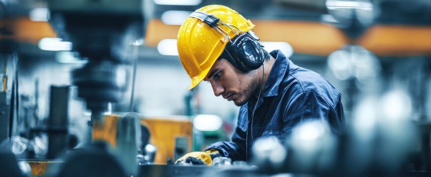 The focused worker in a helmet and headphones at a manufacturing facility.