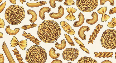 Assorted pasta shapes seamless pattern