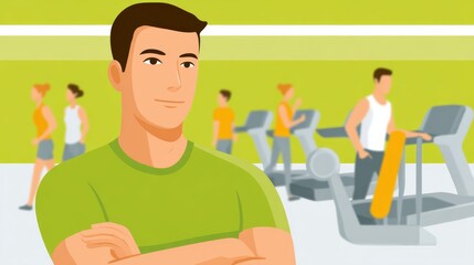 Man Overseeing a Busy Gym Filled with Active Individuals Engaged in Various Fitness Activities