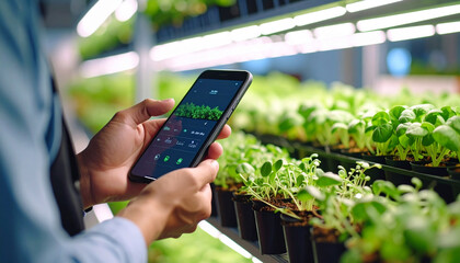 Agricultural engineer using smartphone app controlling microgreens growth in vertical farm
