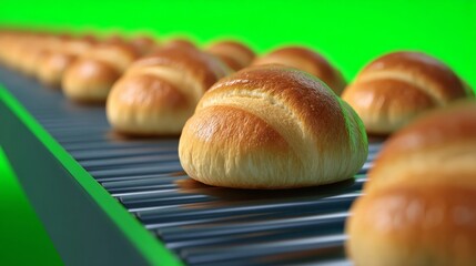 Conveyor Belt Transporting Freshly Baked Soft Rolls in a Food Factory Setting with Green Background