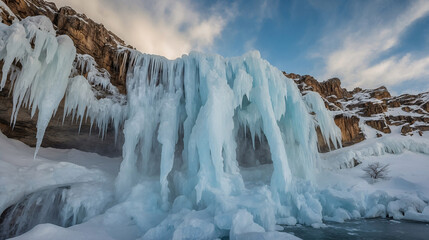 Captivating view of frozen waterfall formation with icy stalactites and rocks under a cloudy sky scenic landscape