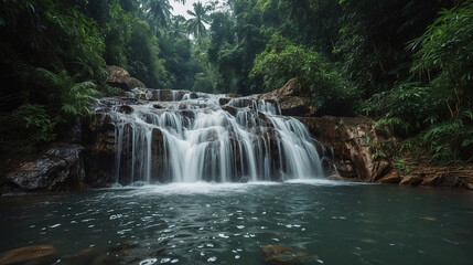Fototapeta premium Cascading waterfall flowing through tropical jungle lush forest scenery with smooth water and rocky formation during daylight