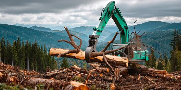 Heavy Logging Machine Lifting Timber in Mountain Forest