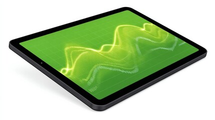 Digital Tablet Displaying Animated Green Wave Patterns with Glowing Dots