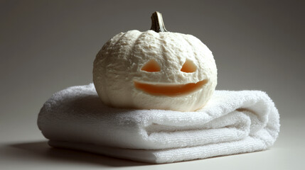 A carved pumpkin sits on a folded white towel. Concept blending Halloween and comfort. For festive home decor ideas.