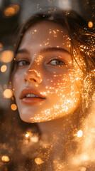Abstract depiction of joy as a radiant golden explosion of light particles. Ethereal and dynamic atmosphere
