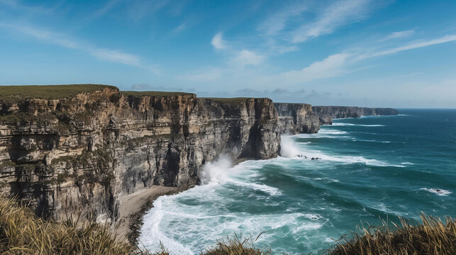 Coastal cliffs meeting the sea under a bright blue sky waves crashing against the rocky shoreline creating a stunning landscape
