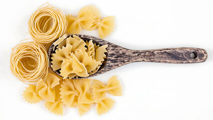 A beautiful composition of raw pasta nests and farfalle with a wooden spoon on a white background.