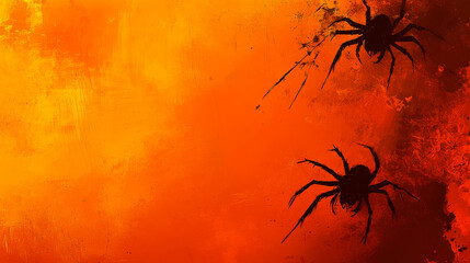 Spiders appear on a textured orange background with rough brush strokes. Concept evokes Halloween or autumn themes. For creating festive cards or decorations.