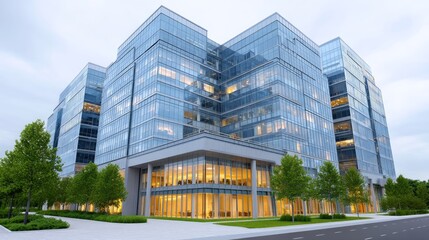 Modern Office Building with Glass Facades and Lush Greenery in a Cloudy Urban Environment