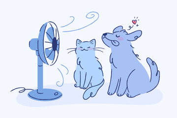A cat and a dog enjoying the breeze from an electric fan. A concept illustration of pets enjoying summer.