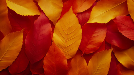 Colorful autumn leaves overlap in a vivid display. Concept emphasizes nature's vibrant fall palette. For seasonal backgrounds or nature-themed designs.