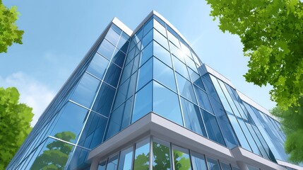 Modern Office Building With Sleek Glass Facade Reflecting Sky And Surrounding Foliage