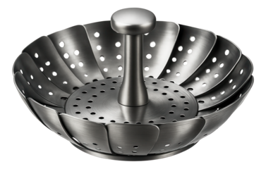 A stainless steel vegetable steamer with extendable petals, fits various pot sizes on a home stove.