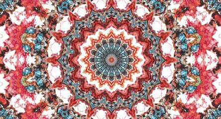 A symmetrical kaleidoscope pattern with red and blue hues creating an intricate design element image