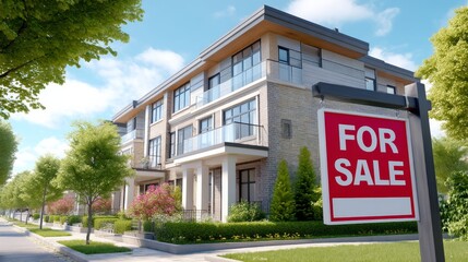 Modern Townhouse For Sale Featuring Large Windows And Manicured Landscaping Under A Clear Sky