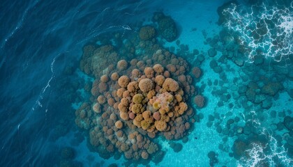 "Aerial view of vibrant coral reef and turquoise ocean waves" Focus: Tropical beauty, marine biodiversity Uses: Travel agencies, ocean conservation, eco-tourism