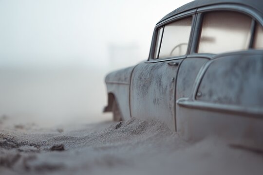 Rusty car partially buried in soft sand, creating an eerie, aban