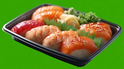 Foam Plastic Tray Filled With Vibrant Sushi Including Salmon And Tuna Against Bright Green Background