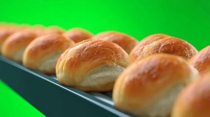 Freshly Baked Bread Rolls on Conveyor Belt in Food Production Facility with Vibrant Green Background