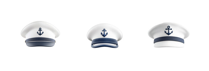 Three sailor hats with anchor emblem and blue strip on brim displayed in a row