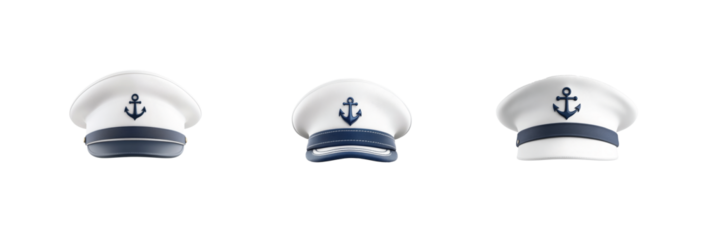 Three sailor hats with anchor emblem and blue strip on brim displayed in a row