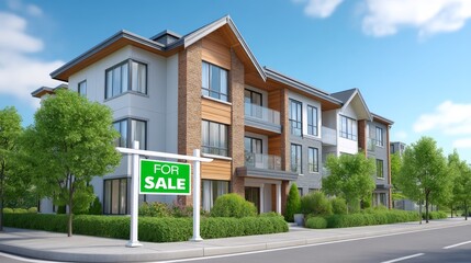 Modern Townhouse With Light Wood Accents And A For Sale Sign In A Sunny Neighborhood